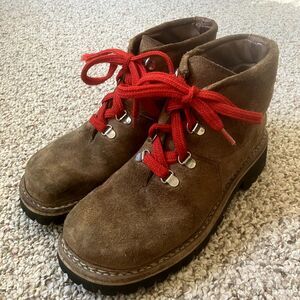 Bass Womens Steel Toe Leather Boots Size 7.5 2208 Vibram Brown Suede Lace Up Red